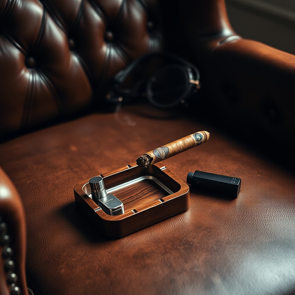 Leather chair with an ashtray, lighter and a half-smoked robusto