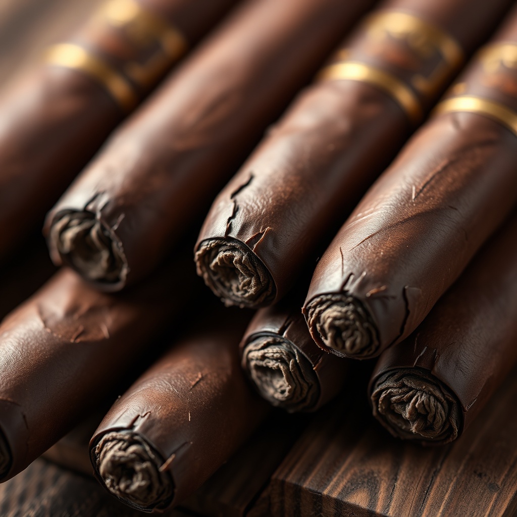 Freshly rolled cigars with dark maduro wrappers resting on cedar